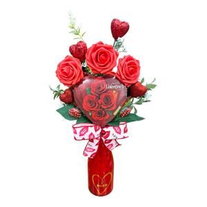 Valentine’s Day Rose Arrangement in Bottle Vase, Roses, Candy Heart Bouquet Gift